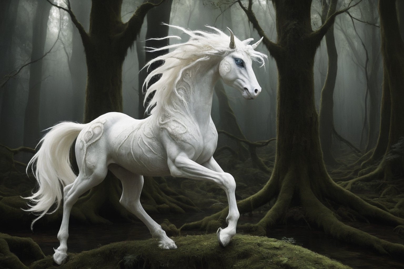 Imagine a mystical space realm where a white spider horse gallops with grace through a dense forest, its eight legs gracefully carrying it over moss-covered ground. The sight is simultaneously horrifying and awe-inspiring, as the white horse's ethereal beauty is contrasted against its monstrous spider-like features. The horse's ebony eyes mesmerize, reflecting the light in a haunting and captivating manner. This breathtaking image, depicted in a vividly painted masterpiece, immerses viewers in the fantastical narrative of an otherworldly creature navigating a mysterious and enchanted woodland.