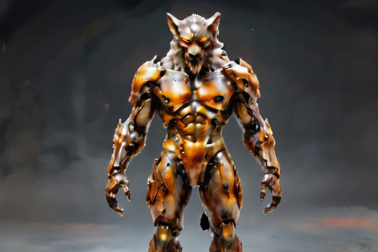 Anthropomorphic alien wolf, bearded, with tentacles, with a scar in his right eye, translucent armor, rusted patina looking fur scales skin, in a battle pose , hide in the dark, with fog and only moonlight in the left side of his body, with wounds and scratches, musculated, Slender, Skinny, full body shot, wide Angle, octane render RTX, render, realistic render, cinematic lighting, muscular body, 