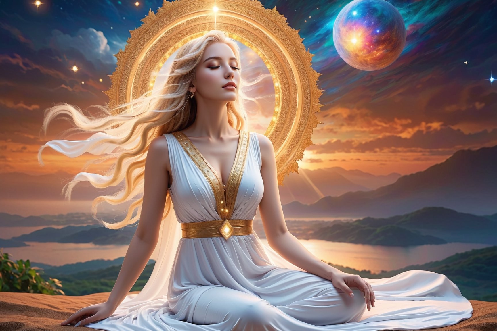 (Sit and meditate with eyes closed), (Pray), pure white grace, cosmic background, mysterious light, vacuum, resonance, mysterious light winds around the body, realistic painting, diamond decoration, soul, 8k, full body, beautiful Swedish girl goddess, beautiful detailed face, elegant and happy body, wind head, ultra-high definition photography
(long hair), (waist length: 1.4), (blonde hair: 1.2),
, Detailed hand shapes (prayer), (goddess dress: 1.4), (mesh dress)