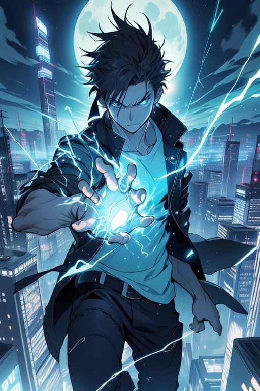 "Please create an illustration of a male anime character with dark hair and intense eyes. The character should be dressed in a black jacket and a blue t-shirt. I want the character to be generating a bright blue energy or electricity from his hands, It spreads in lightning patterns around him, giving a dramatic and mysterious tone to the scene.

The background should be a city illuminated at night, with skyscrapers and bright lights visible. Plus, it includes a clear night sky with a prominent full moon illuminating the scene. The character should be in the foreground, with the city as a backdrop.

The overall tone of the image should be dramatic and mysterious, with a contrast between the character and the background of the illuminated city. The character's bright blue energy should be the main focus of the illustration."