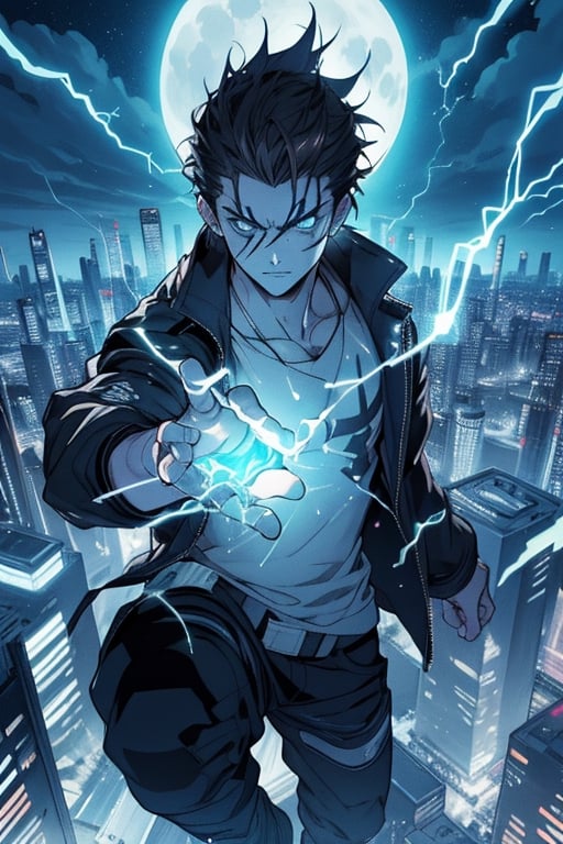 "Please create an illustration of a male anime character with dark hair and intense eyes. The character should be dressed in a black jacket and a blue t-shirt. I want the character to be generating a bright blue energy or electricity from his hands, It spreads in lightning patterns around him, giving a dramatic and mysterious tone to the scene.

The background should be a city illuminated at night, with skyscrapers and bright lights visible. Plus, it includes a clear night sky with a prominent full moon illuminating the scene. The character should be in the foreground, with the city as a backdrop.

The overall tone of the image should be dramatic and mysterious, with a contrast between the character and the background of the illuminated city. The character's bright blue energy should be the main focus of the illustration."