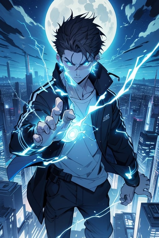 "Please create an illustration of a male anime character with dark hair and intense eyes. The character should be dressed in a black jacket and a blue t-shirt. I want the character to be generating a bright blue energy or electricity from his hands, It spreads in lightning patterns around him, giving a dramatic and mysterious tone to the scene.

The background should be a city illuminated at night, with skyscrapers and bright lights visible. Plus, it includes a clear night sky with a prominent full moon illuminating the scene. The character should be in the foreground, with the city as a backdrop.

The overall tone of the image should be dramatic and mysterious, with a contrast between the character and the background of the illuminated city. The character's bright blue energy should be the main focus of the illustration."