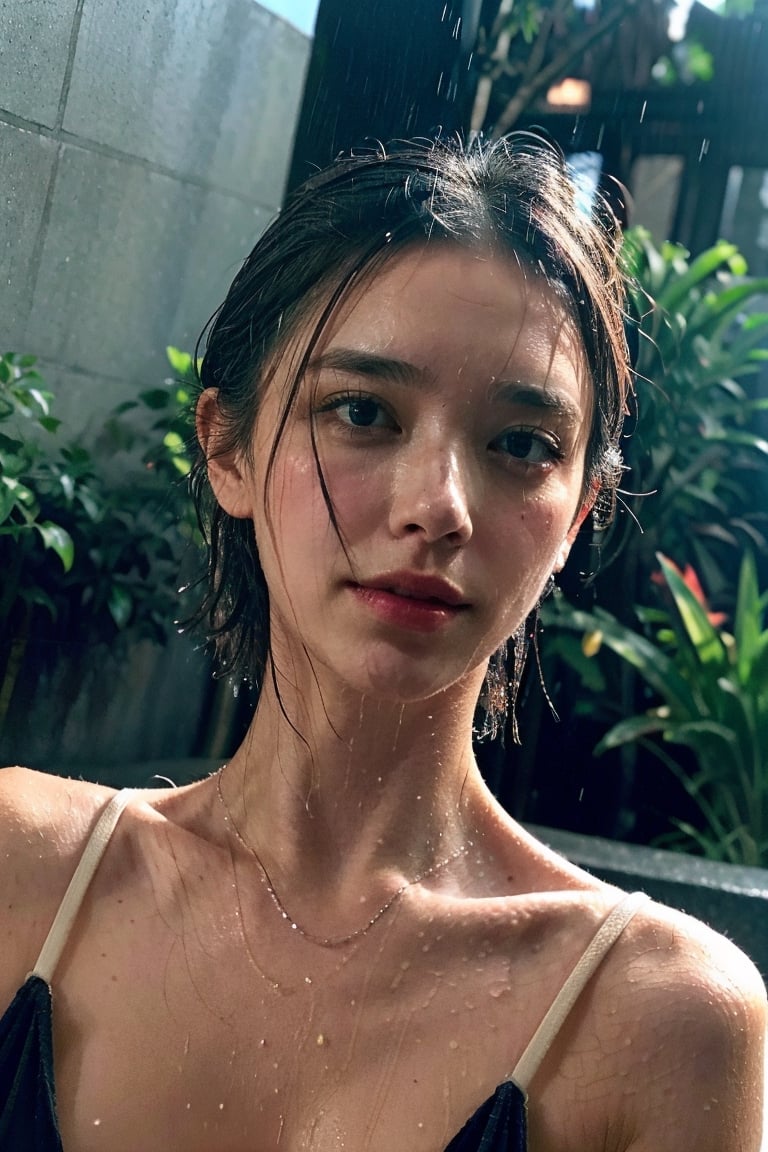 rain, wet t-shirt, woman standing in a london city, Wear a T-shirt, sad_face, Indifferent face, raw photo, (short hair), cinematic lighting, Smooth skin, wet skin, realistic,eungirl,wet hair, medium close up shot,Afternoon