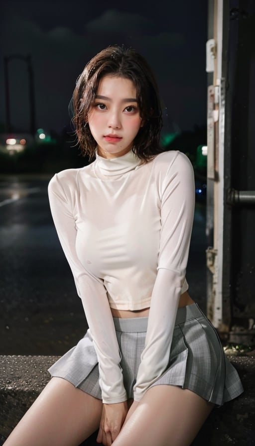 (It's raining, rain, very heavy rain), wet girl, sad face, ((short hair)), (wet hair, wetshirt), sitting on road fence, (night city), building background, beautiful skin, white skin, 4K, ultra HD, RAW photo, realistic, best quality, masterpiece, photorealistic, portrait, dynamic lighting, look at viewer, white crop tight turtleneck, (gray short skirt) Boots, medium full shot, Yewon, wet road,wet hair