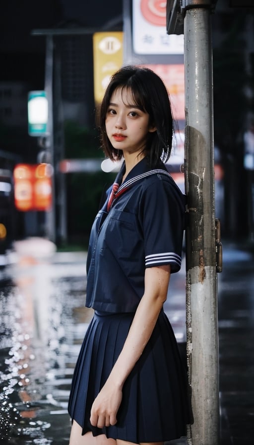 sad girl, scowling face, (short bob hair), school uniform, wet hair, wet skin, standing in the rain, (night city, Hong Kong city), (((rain, rainy, heavy rain))), beautiful skin, white skin, 4K, ultra HD, RAW photo, realistic, best quality, masterpiece, photorealistic, Cinematic lighting, look at viewer, wetshirt, Crop shirt, medium shot, Yewon