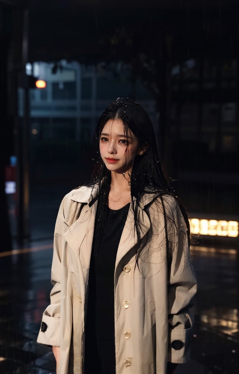 crying girl, brown eyes, sad face, white raincoat, wet,wet hair, wet skin, wet coat, Standing in Hong Kong, rain, rainy, ((heavy rain)), smooth soft skin, realistic, best quality, masterpiece, photorealistic, Cinematic lighting, closeup shot,wetshirt