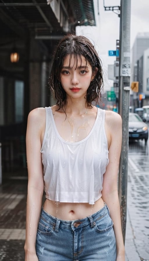 ((raining, rain, very heavy rain)), wet girl, sad face, ((short hair)), (wet hair, wetshirt), 
Lonely girl standing in the rain, ((Look up and close your eyes)), city street background, beautiful skin, white skin, 4K, ultra HD, RAW photo, realistic, best quality, masterpiece, photorealistic, half body, cinematic lighting, portrait, white singlet, blue low waist skinny jeans, medium shot, Yewon, wet, wet hair, daytime