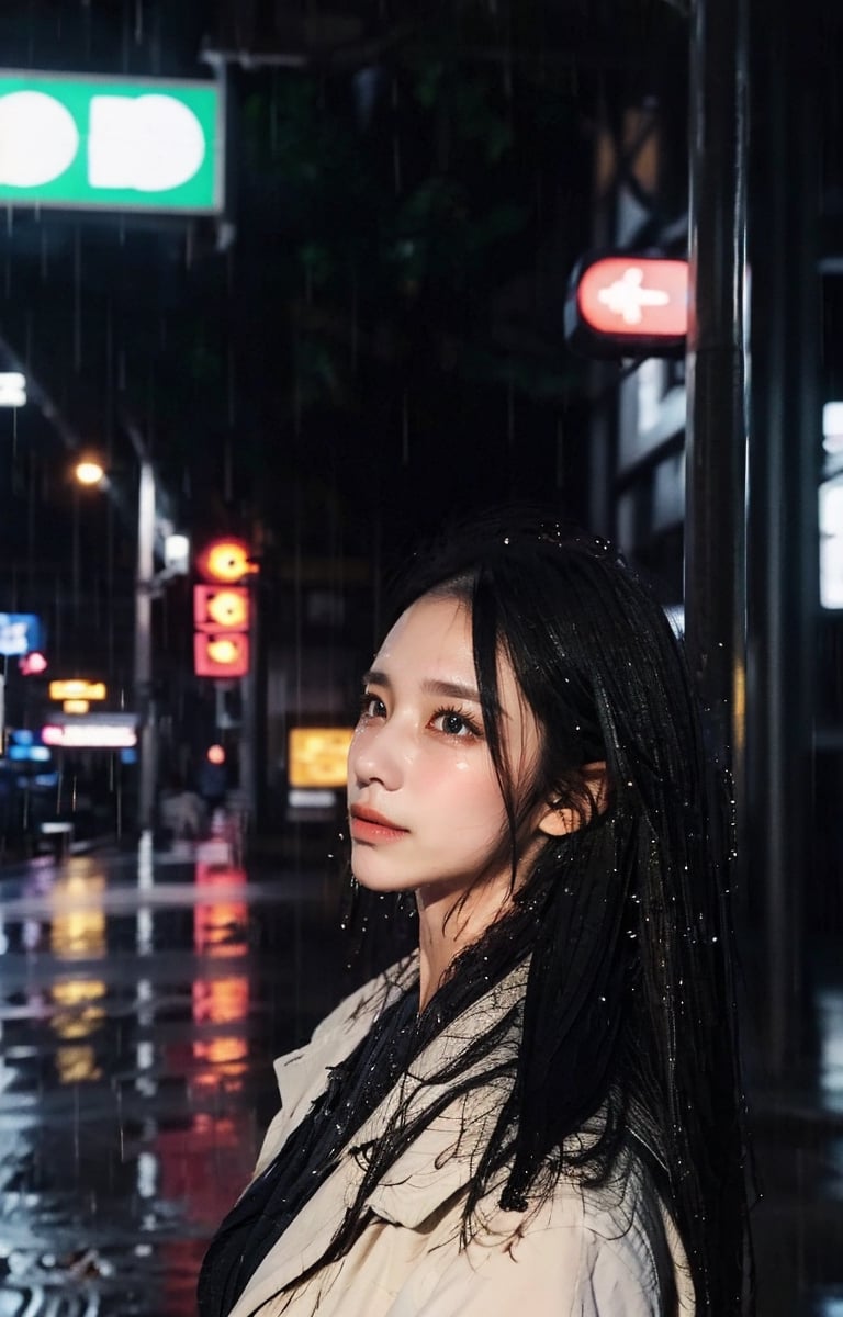 crying girl, brown eyes, sad face, white raincoat, wet,wet hair, wet skin, wet coat, Standing in Hong Kong street, rain, rainy, ((heavy rain)), smooth soft skin, realistic, best quality, masterpiece, photorealistic, Cinematic lighting, closeup shot,wetshirt