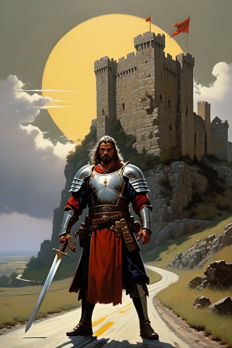 landscape, oil painting, realistic, painterly, (hardened swordsman standing on the road:1.5), looking_at_viewer, (massive stone keep with battlements and banners:1.5), gray sky, reddish yellow sun, clouds, trees, Gerald Brom, Vicente Segrelles, Frank Frazetta, fantasy art, dnd art, epic, intricately detailed, detailed matte painting, dramatic lighting