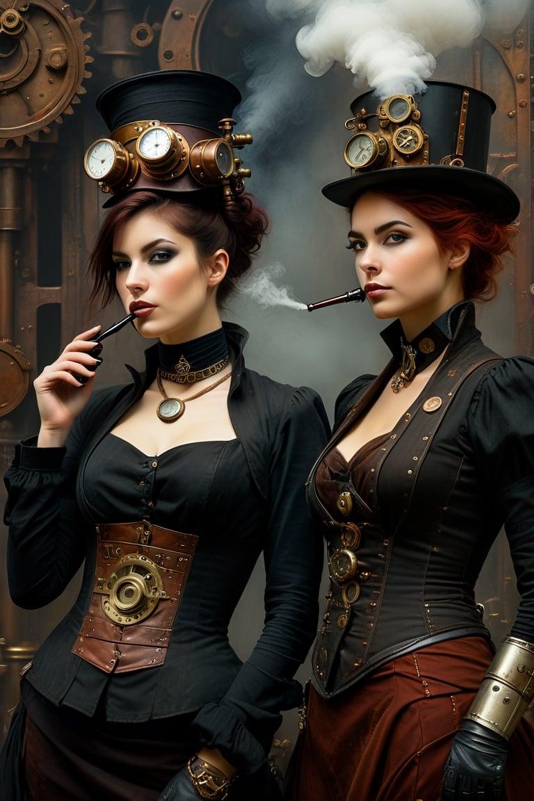 oil painting, painterly, 2girls, side by side, (steampunk girl smoking a pipe:1.5), (clockwork robot girl:1.3), (victorian attire:1.3), short tousled hair, (ironworks:1.3), steam, parted lips, (expressive face), eyes wide open, well drawn hands, moody, Gerald Brom, Vicente Segrelles, Frank Frazetta, fantasy art, intricately detailed, detailed matte painting, moody, dramatic lighting, Movie Still, more detail XL