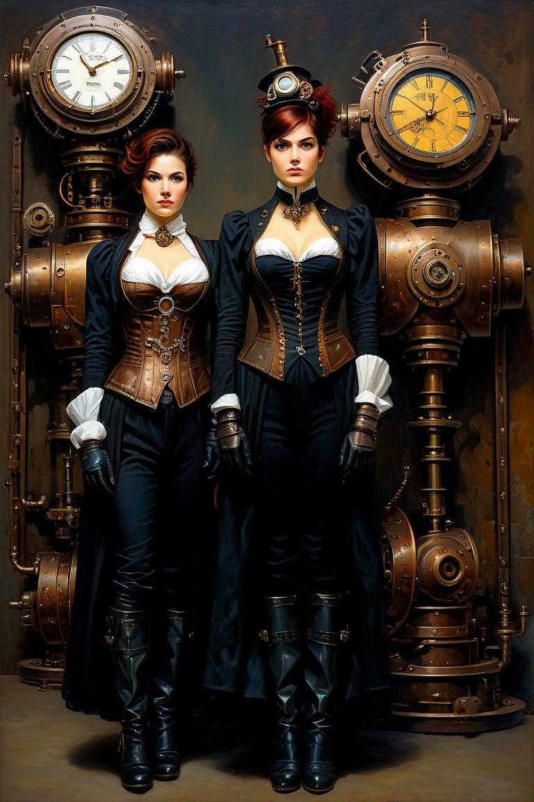 oil painting, painterly, (steampunk girl stands back to back with clockwork robot girl:1.5), (victorian attire:1.3), short tousled hair, (ironworks:1.3), steam, parted lips, (expressive face), eyes wide open, well drawn hands, moody, Gerald Brom, Vicente Segrelles, Frank Frazetta, fantasy art, intricately detailed, detailed matte painting, moody, dramatic lighting, Movie Still, more detail XL