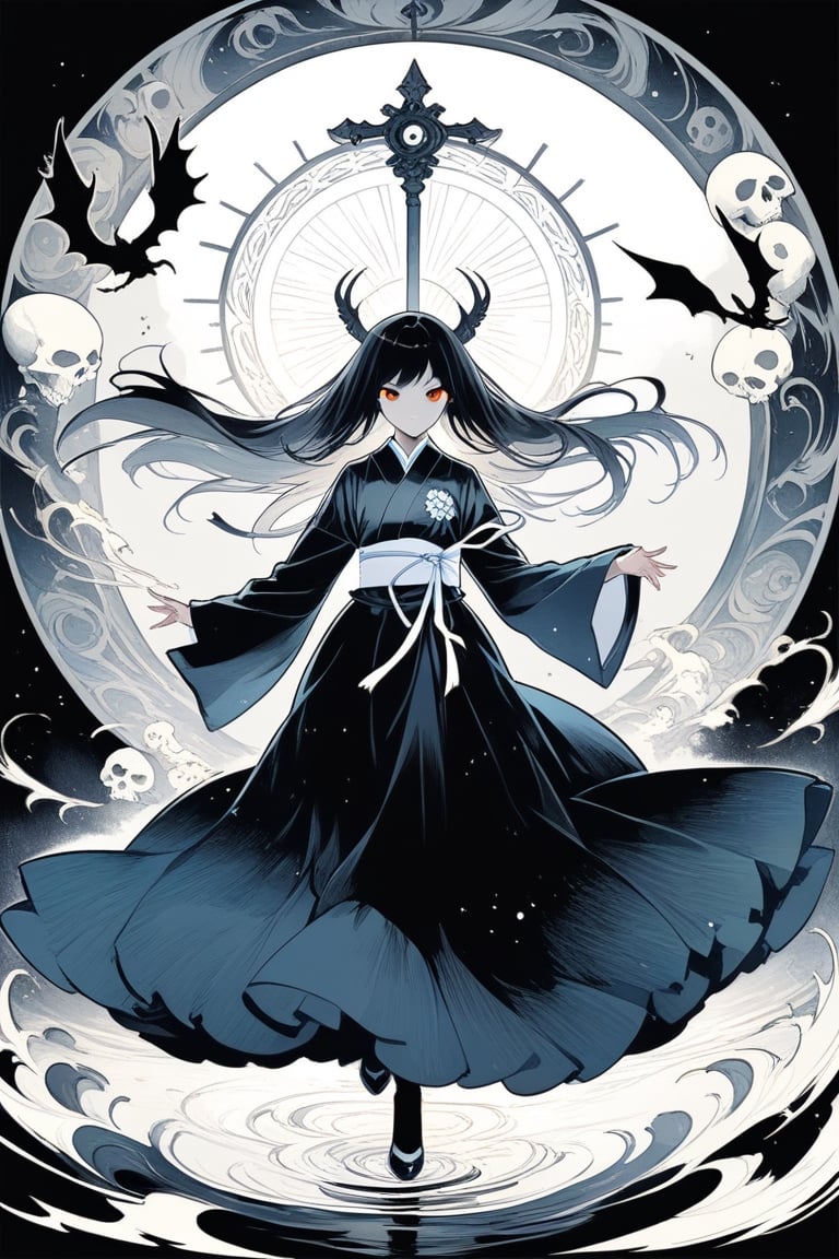 8k, illustration, (((Shinigami))), death goddess, creepy, powerful, majestic, death motifs, Japanese afterlife, occult, horror, dark, moody, spooky, eerie, flat linework, poster colors, well drawn face, well drawn eyes, action pose, dark creatures, cell shaded, high contrast, dramatic, amazing artwork, serendipity art, sharp focus, intricate details, highly detailed, masterpiece, best quality, lineart, Flat vector art