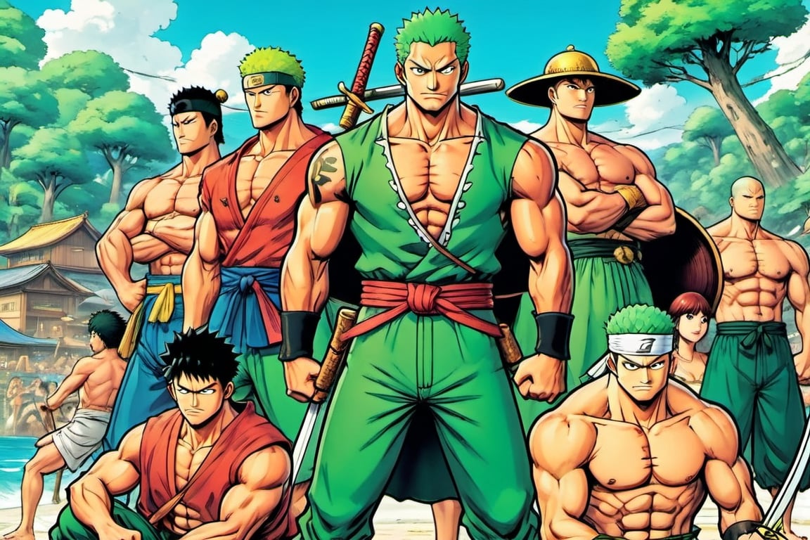 (Zoro), (Goofy), (Leonardo), (shonen), (Berserk), (Spongebob), ((Berserk art style)), 8k, illustration, group shot, group pic, flat linework, poster colors, (shonen manga:1.3), hero pose, Japanese landscape, ink, style, lineart, LineAniAF, real_booster, comic book