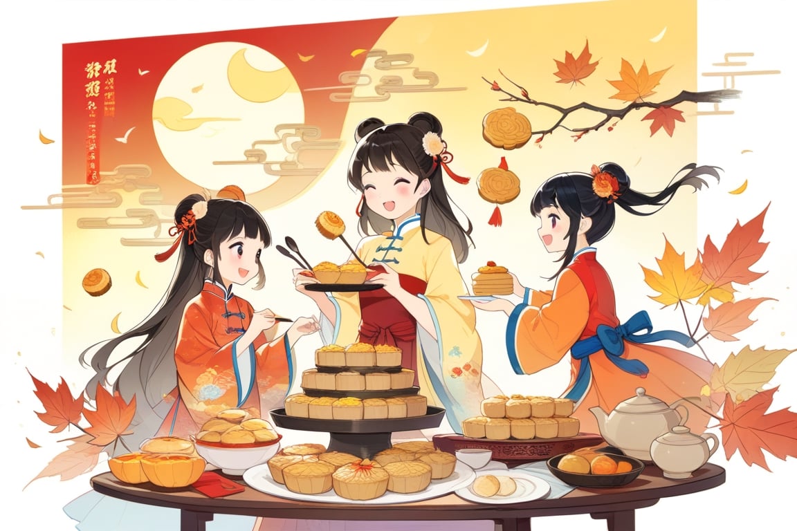 8k, highres, color illustration, midautumn_fes, ((colorful)), ((Chinese family enjoying mooncake dinner)), Mid-Autumn Festival, wearing traditional Mid-Autumn Festival costumes, (traditional Chinese home), ((autumn colors)), (expressive face), ((vivid)), cozy, cheerful, heartwarming, splash art, flat linework, poster colors, well drawn face, well drawn hands, action pose, cell shaded, high contrast, dramatic, amazing artwork, sharp focus, intricate details, highly detailed, masterpiece, best quality, lineart, Flat vector art