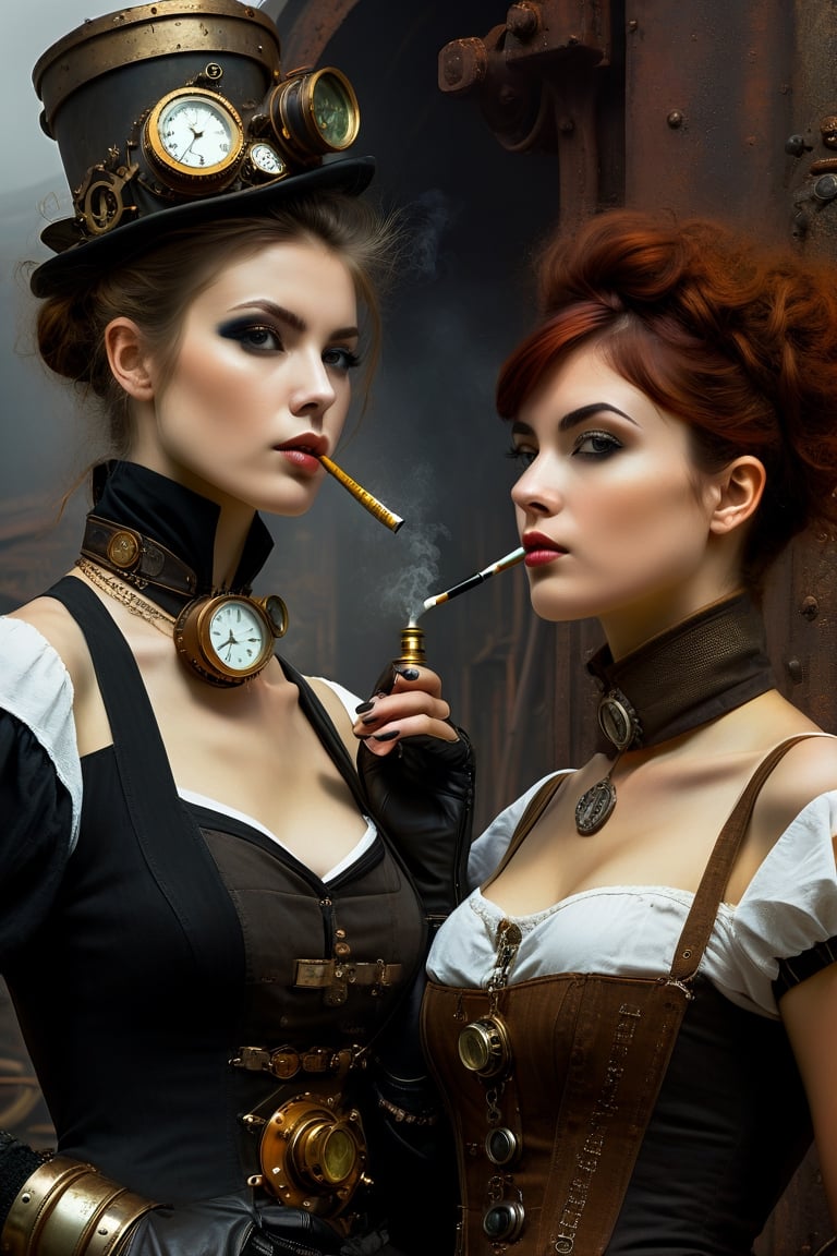 oil painting, painterly, 2girls, side by side, (steampunk girl smoking 1 tobacco pipe:1.5), (clockwork robot girl:1.5), (victorian attire:1.3), short tousled hair, (ironworks:1.3), steam, parted lips, (expressive face), eyes wide open, well drawn hands, moody, Gerald Brom, Vicente Segrelles, Frank Frazetta, fantasy art, intricately detailed, detailed matte painting, moody, dramatic lighting, Movie Still, more detail XL