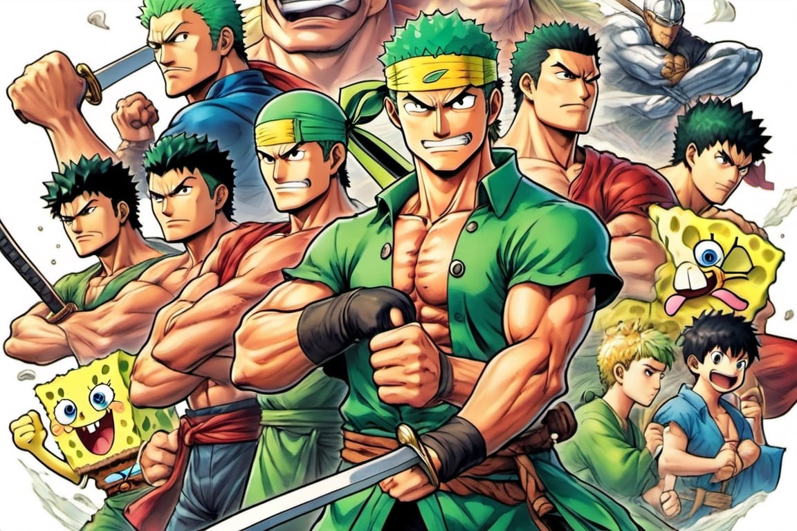 (Zoro), ((Goofy)), ((Leonardo)), (shonen), (Berserk), ((Spongebob)), (((Berserk art style))), 8k, illustration, group shot, group pic, flat linework, watercolor, poster colors, well drawn face, well drawn eyes, ((shonen manga)), hero pose, Japanese landscape, high octane, moody, ink, style, lineart, LineAniAF, real_booster, comic book