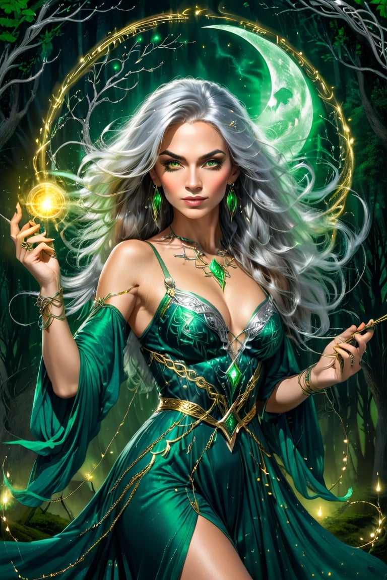 close up of beautiful witch queen looking at viewer, holding a golden magical rod, (well drawn hands), glowing eyes, long flowing hairstyle, silver hair, green strappy dress, low cut, pop art, mist, smoky, eerie, floating fairy lights, night forest background, moon, runes, Celtic motifs, Enhanced All