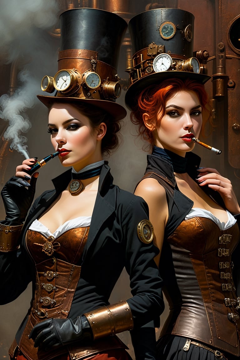 oil painting, painterly, 2girls, side by side, (steampunk girl smoking a pipe:1.5), (clockwork robot girl:1.3), (victorian attire:1.3), short tousled hair, (ironworks:1.3), steam, parted lips, (expressive face), eyes wide open, well drawn hands, moody, Gerald Brom, Vicente Segrelles, Frank Frazetta, fantasy art, intricately detailed, detailed matte painting, moody, dramatic lighting, Movie Still, more detail XL