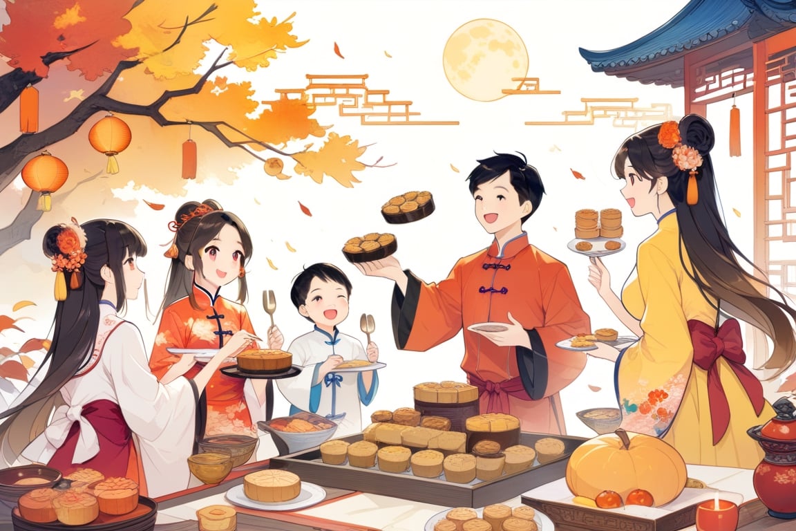 8k, highres, color illustration, midautumn_fes, ((colorful)), ((Chinese family enjoying mooncake dinner)), Mid-Autumn Festival, wearing traditional Mid-Autumn Festival costumes, (traditional Chinese home), ((autumn colors)), (expressive face), ((vivid)), cozy, cheerful, heartwarming, splash art, flat linework, poster colors, well drawn face, well drawn hands, action pose, cell shaded, high contrast, dramatic, amazing artwork, sharp focus, intricate details, highly detailed, high contrast, dramatic, masterpiece, best quality, lineart, Flat vector art