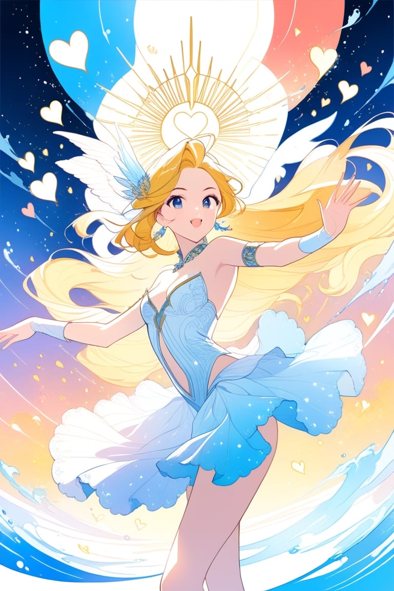 8k, illustration, (((love goddess))), (temple of delight), (dancer), showing skin, opulent, majestic, heart motifs, love in the air, beauty, (vivid), alluring, dazzling, splash art, flat linework, poster colors, well drawn face, well drawn hands, action pose, high contrast, dramatic, amazing artwork, sharp focus, intricate details, highly detailed, masterpiece, best quality, lineart, Flat vector art
