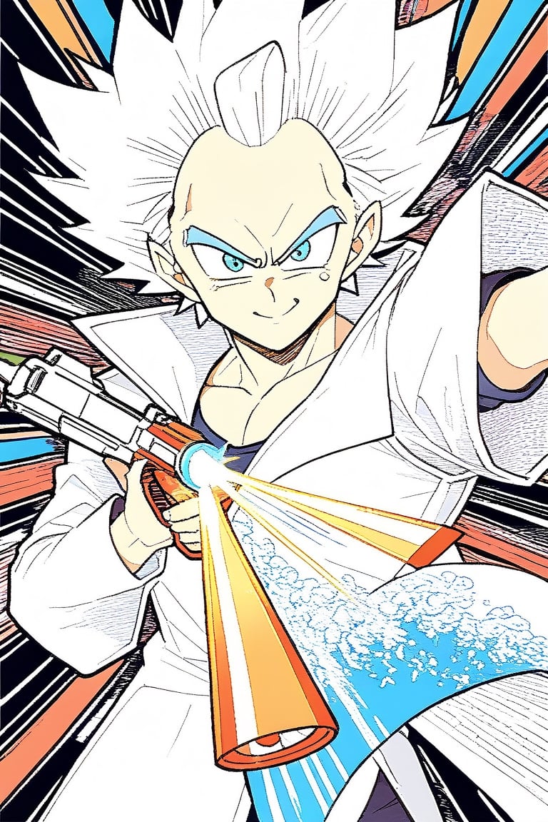 8k, highres, illustration, colorful, (((Rick Sanchez face) with vegeta hair)), (lab coat), (expressive face), ((holding a ray gun)), ((vivid)), Akira Toriyama art, sci fi art, cosmic, splash art, flat linework, poster colors, well drawn face, well drawn hands, action pose, cell shaded, high contrast, dramatic, amazing artwork, sharp focus, intricate details, highly detailed, masterpiece, best quality, lineart,Flat vector art