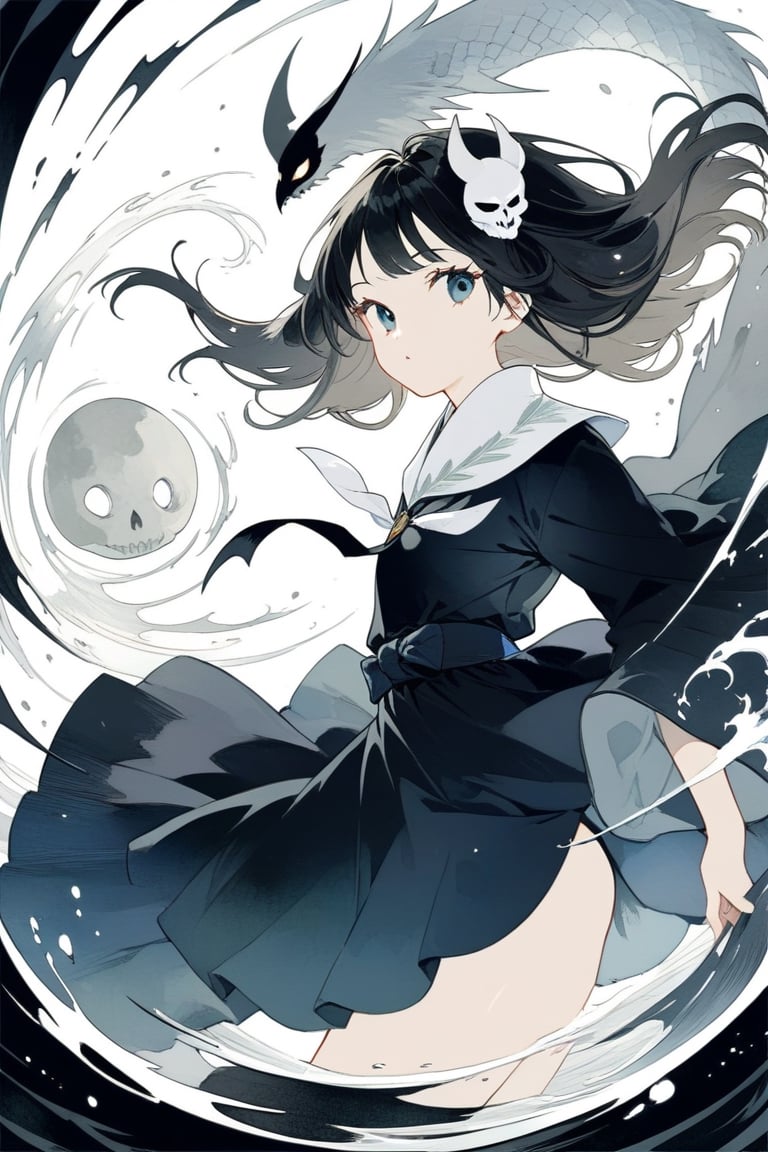 8k, illustration, (((Shinigami))), creepy, powerful, majestic, death motifs, Japanese afterlife, occult, horror, dark, moody, spooky, eerie, flat linework, poster colors, well drawn face, well drawn eyes, action pose, dark creatures, cell shaded, high contrast, dramatic, amazing artwork, serendipity art, sharp focus, intricate details, highly detailed, masterpiece, best quality, lineart, linewatercolorsdxl, Flat vector art