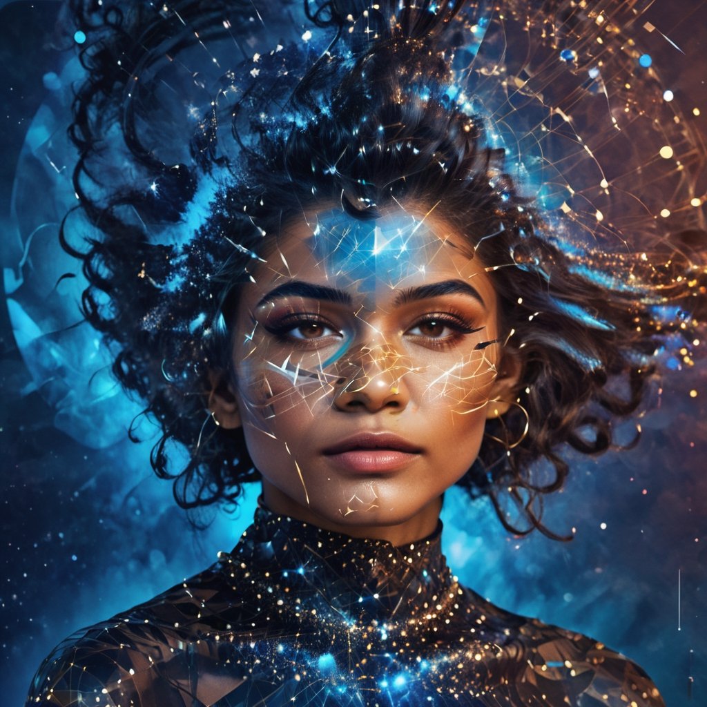 double exposure style, close up silhouette face of Zendaya looking at viewer, intricate bizarre dadaist hairstyle, surreal space age background, Alexander Calder