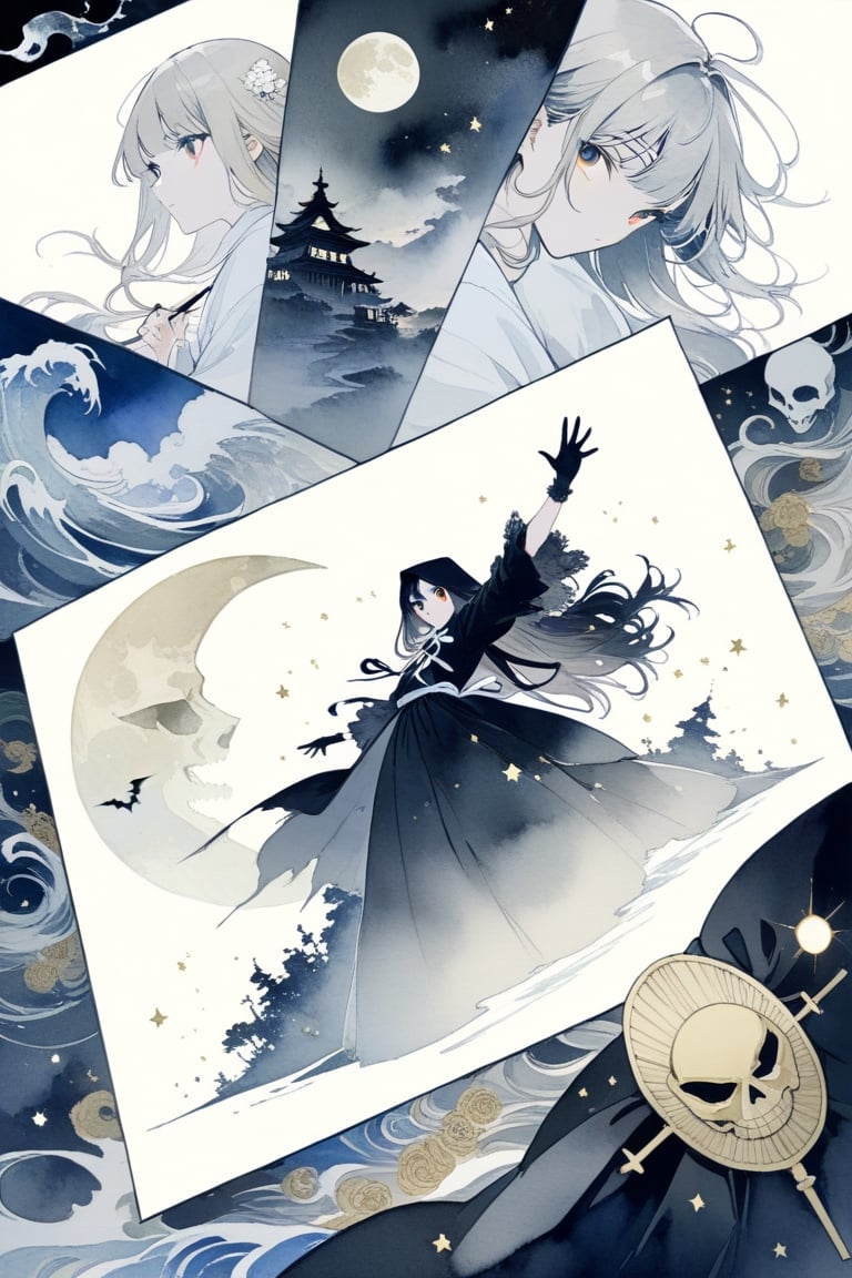 8k, illustration, (((Shinigami))), creepy, powerful, death motifs, Japanese afterlife, occult, dark, moody, spooky, eerie, Junji Ito, flat linework, watercolor, poster colors, well drawn face, well drawn eyes, action pose, dark creatures, high contrast, dramatic, amazing artwork, serendipity art, sharp focus, intricate details, highly detailed, masterpiece, best quality, lineart, linewatercolorsdxl, Flat vector art