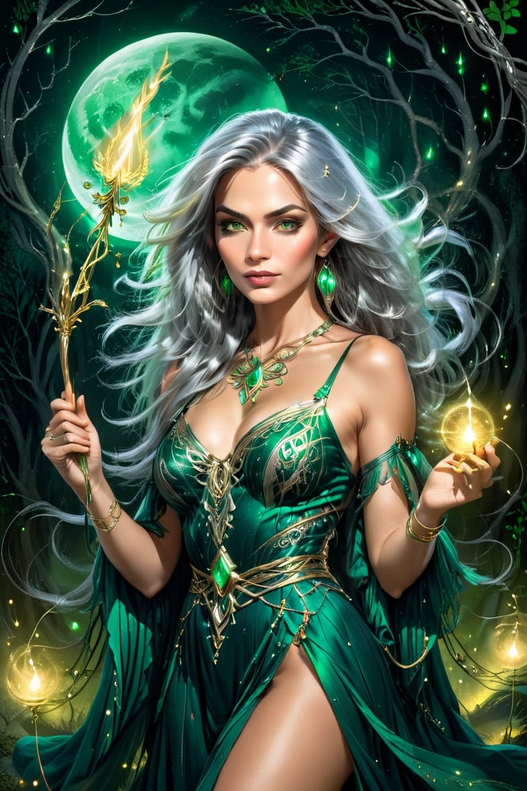 close up of beautiful witch queen looking at viewer, holding a golden magical rod, (well drawn hands), glowing eyes, long flowing hairstyle, silver hair, green strappy dress, low cut, pop art, mist, smoky, eerie, floating fairy lights, night forest background, moon, runes, Celtic motifs, Enhanced All