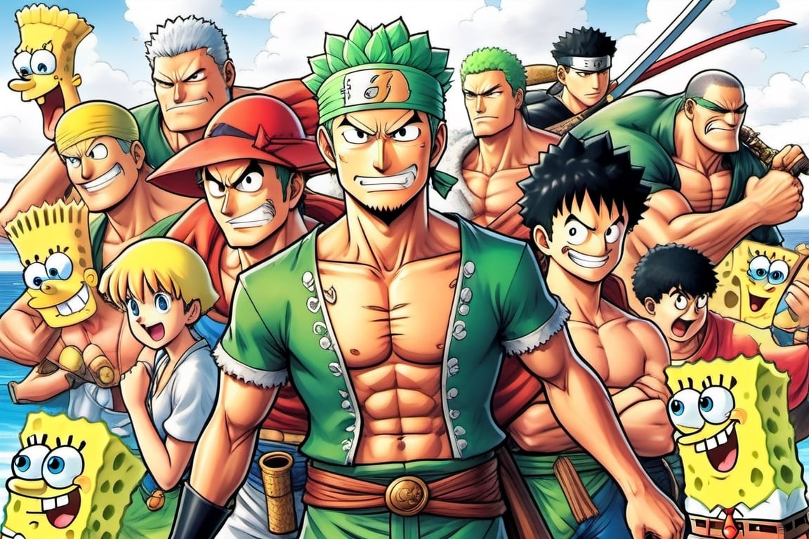 (Zoro), (((Goofy))), ((Leonardo)), (shonen), (Berserk), ((Spongebob)), (((Berserk art style))), 8k, illustration, group shot, group pic, flat linework, watercolor, poster colors, well drawn face, well drawn eyes, ((shonen manga)), hero pose, paper white background, amazing artwork, serendipity art, sharp focus, intricate details, highly detailed, ink, style, lineart, LineAniAF, real_booster, comic book