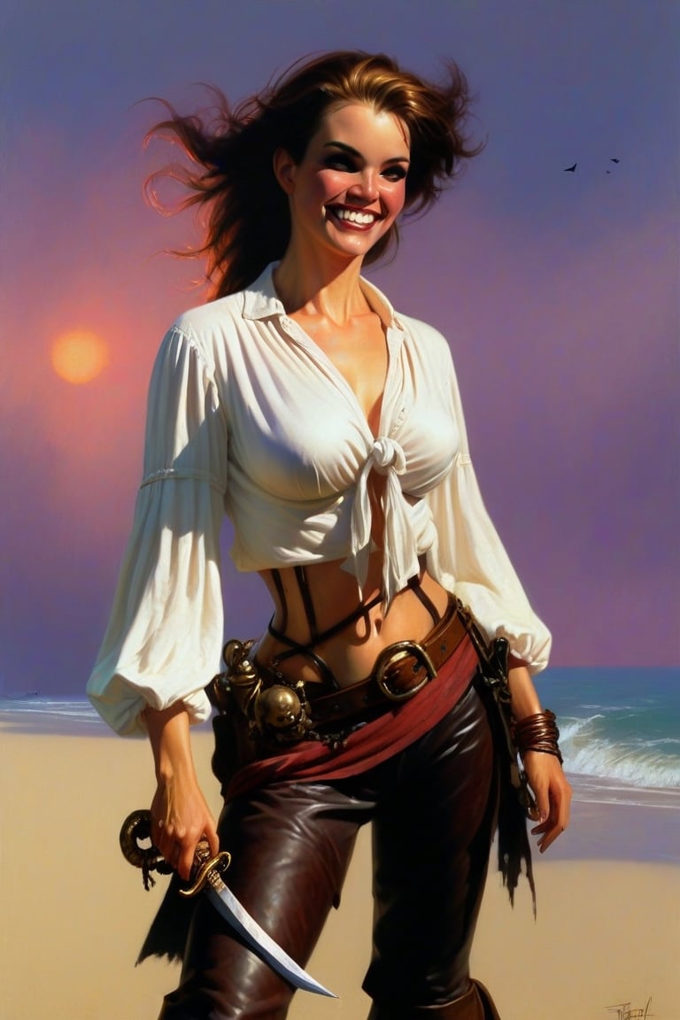 oil painting, 1girl, solo, (pirate lady with a cutlass:1.5), (tied up white blouse:1.5), low cut, sleeveless, midriff, trousers, parted lips, big smile, laugh, (expressive face), eyes wide open, beautiful, flirty, alluring, well drawn hands, facing viewer, looking at viewer, portrait art, Gerald Brom, Vicente Segrelles, Frank Frazetta, fantasy art, intricately detailed, detailed matte painting, moody, dramatic lighting, beach, open treasure chest half buried in sand, scattered treasure, sunset, Movie Still, more detail XL, pirate