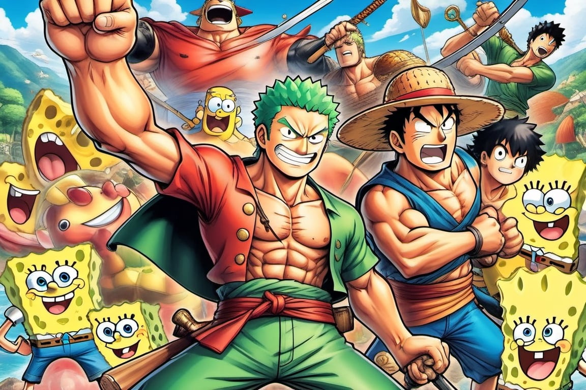 (Zoro), (((Goofy))), ((Leonardo)), (shonen), (Berserk), ((Spongebob)), (((Berserk art style))), 8k, illustration, group shot, group pic, flat linework, watercolor, poster colors, well drawn face, well drawn eyes, ((shonen manga)), hero pose, paper white background, amazing artwork, serendipity art, sharp focus, intricate details, highly detailed, ink, style, lineart, LineAniAF, real_booster, comic book