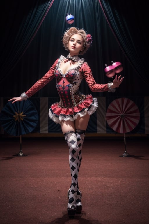 1girl, solo, (((juggling performance))), beautiful, cute, 8k masterpiece, ultra-realistic, UHD, highly detailed, best quality, full_body, harlequin makeup, wide angle, ((circus costume)), sequins, ruffles, high contrast, dramatic, sharp focus, intricately detailed, masterpiece, best quality, betterhands