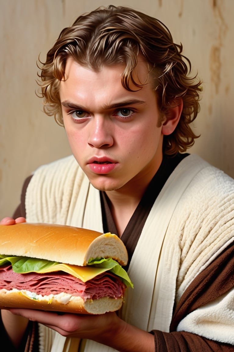 film photography, soft focus, (waist up), detailed hyper-realistic textures, solo, 21yo, (Anakin looks grossed out:1.5), (holding a (sloppy overstuffed sandwich):1.3), (expressive face:1.5), (extreme disgust:1.3), nausea, looking to the camera, tousled hair, big eyes, parted lips, realistic, hyperrealistic skin, porosity in the skin, dynamic pose, complex and detailed masterpiece, intense and bright eyes, sun rays, golden, best quality, minimalist background, intricately detailed, film, ultra very detailed, small details, beautiful details, mystical, luminism