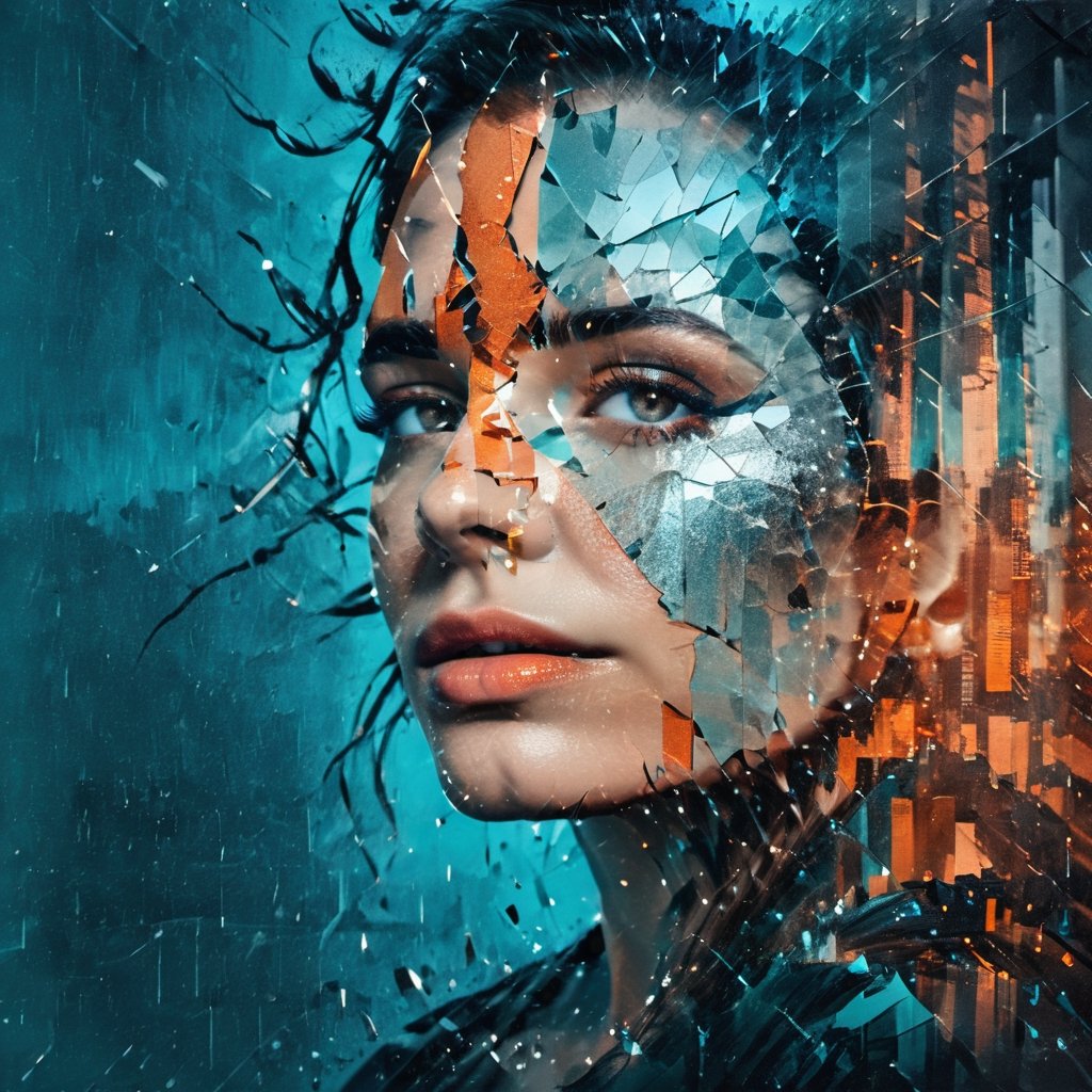 double exposure style, close up silhouette face of a sophisticated girl looking up, rainy new york city, fragmentation, fractured image, teal, orange, black, silver, expressive face, parted lips, emotional, pain, dismay