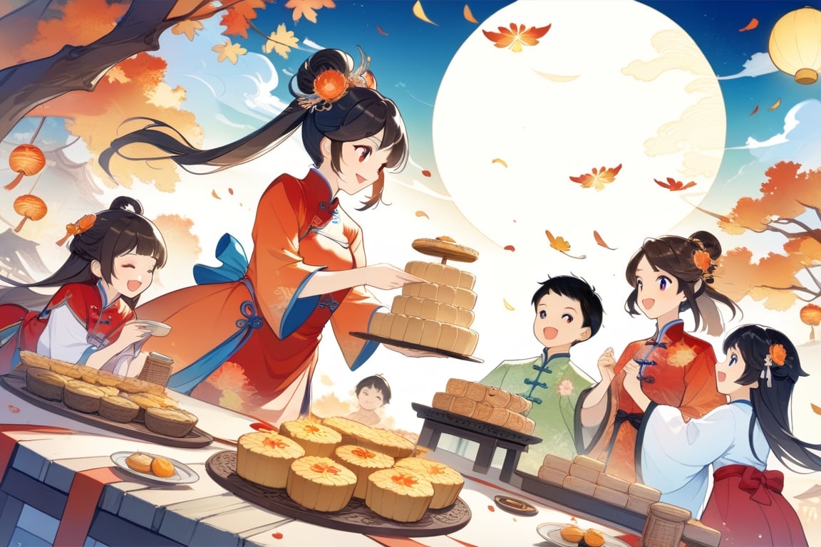 8k, highres, color illustration, midautumn_fes, ((colorful)), ((Chinese family enjoying mooncake dinner)), Mid-Autumn Festival, wearing traditional Mid-Autumn Festival costumes, (traditional Chinese home), ((autumn colors)), (expressive face), ((vivid)), cozy, cheerful, heartwarming, splash art, flat linework, poster colors, well drawn face, well drawn hands, action pose, (Genshin Impact style), cell shaded, high contrast, dramatic, amazing artwork, sharp focus, intricate details, highly detailed, high contrast, dramatic, masterpiece, best quality, lineart, Flat vector art