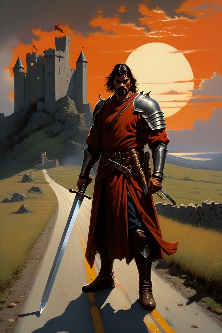 landscape, oil painting, realistic, painterly, (hardened swordsman standing on the road:1.5), looking_at_viewer, (grim castle keep looming over:1.5), (watchtowers and battlements and banners:1.3), stormy sky, sun, sunset, clouds, trees, crepuscular rays, Gerald Brom, Vicente Segrelles, Frank Frazetta, fantasy art, dnd art, epic, intricately detailed, detailed matte painting, dramatic lighting