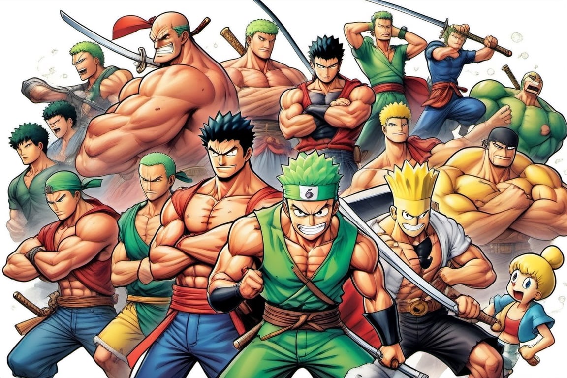 (Zoro), (((Goofy))), ((Leonardo)), (shonen), (Berserk), ((Spongebob)), (((Berserk art style))), 8k, illustration, group shot, group pic, flat linework, watercolor, poster colors, well drawn face, well drawn eyes, ((shonen manga)), hero pose, paper white background, high octane, moody, ink, style, lineart, LineAniAF, real_booster, comic book