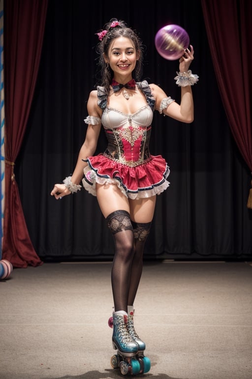 1girl, petite, beautiful realistic girl, cute girl, ((juggling performance)), ((rollerskates)), 8k masterpiece, ultra-realistic, UHD, highly detailed, best quality, full_body, slim, fitness, fit, leotard, bright smile, eye smile, perfect teeth, perfect makeup, native hair, native eyes, native skin, dynamic pose, wide angle, ((circus costume)), sequins, ruffles, high contrast, dramatic, sharp focus, intricately detailed, masterpiece, best quality, betterhands