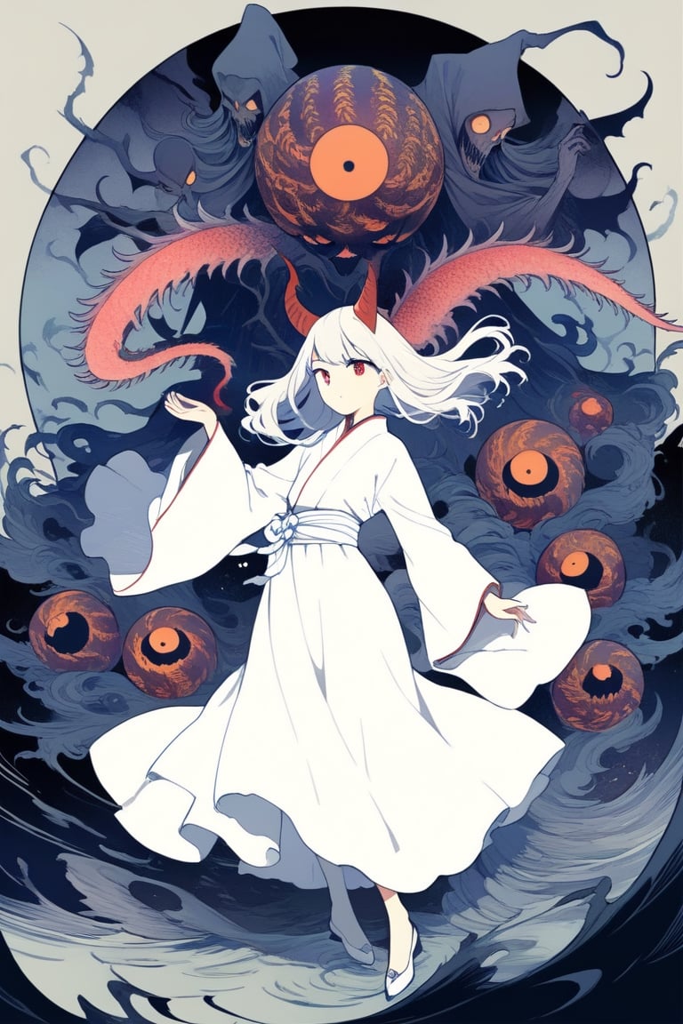 8k, illustration, (((Shinigami))), monster girl, eldritch, nightmare, creepy, powerful, majestic, death motifs, Japanese afterlife, occult, horror, dark, moody, spooky, eerie, flat linework, poster colors, well drawn face, well drawn eyes, action pose, dark creatures, cell shaded, deep colors, complementary colors, high contrast, dramatic, amazing artwork, serendipity art, sharp focus, intricate details, highly detailed, masterpiece, best quality, lineart, Flat vector art