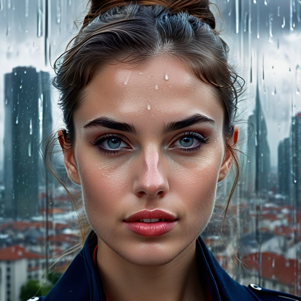 (double exposure close up face of a sophisticated European girl with chin up and (rainy) cityscape:1.5), (doe eyed:1.5), beautiful, (expressive face:1.3), (eyes wide open:1.3), (parted lips:1.3), panicked, fearful, intricately detailed, hyperdetailed, realism, incredible composition, dynamic lighting, meticulously composed concept art, masterpiece, digital illustration, cell-shaded, volumetric lighting