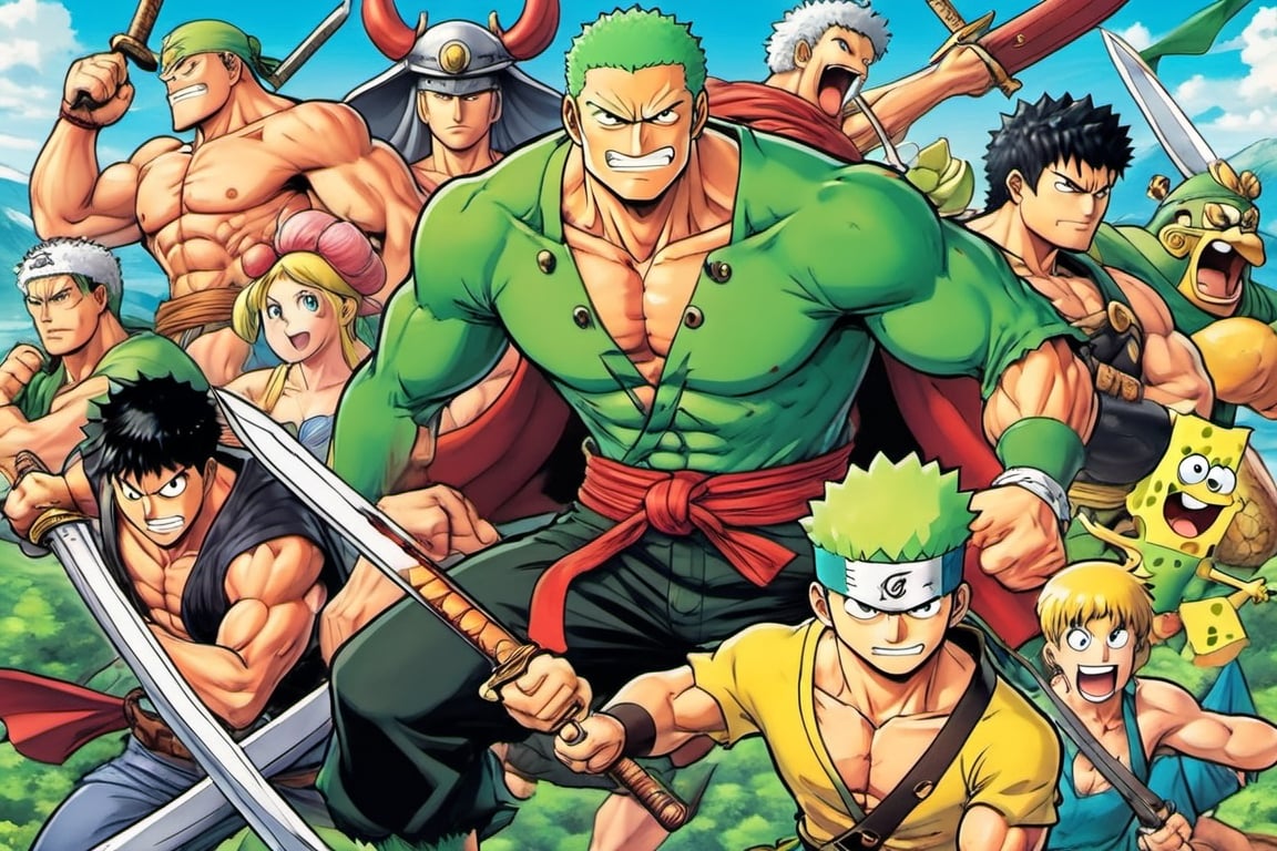 (Zoro), ((Goofy)), ((Leonardo)), (shonen), (Berserk), ((Spongebob)), (((Berserk art style))), 8k, illustration, group shot, group pic, flat linework, watercolor, poster colors, well drawn face, well drawn eyes, ((shonen manga)), hero pose, paper white background, high octane, moody, ink, style, lineart, LineAniAF, real_booster, comic book