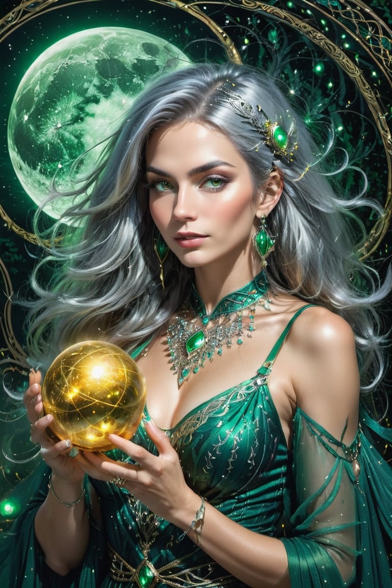 close up of beautiful witch queen looking at viewer, holding a golden magical orb, well drawn hands, glowing eyes, long flowing hairstyle, silver hair, green strappy dress, low cut, pop art, mist, smoky, eerie, floating fairy lights, night forest background, moon, runes, Celtic motifs, Enhanced All