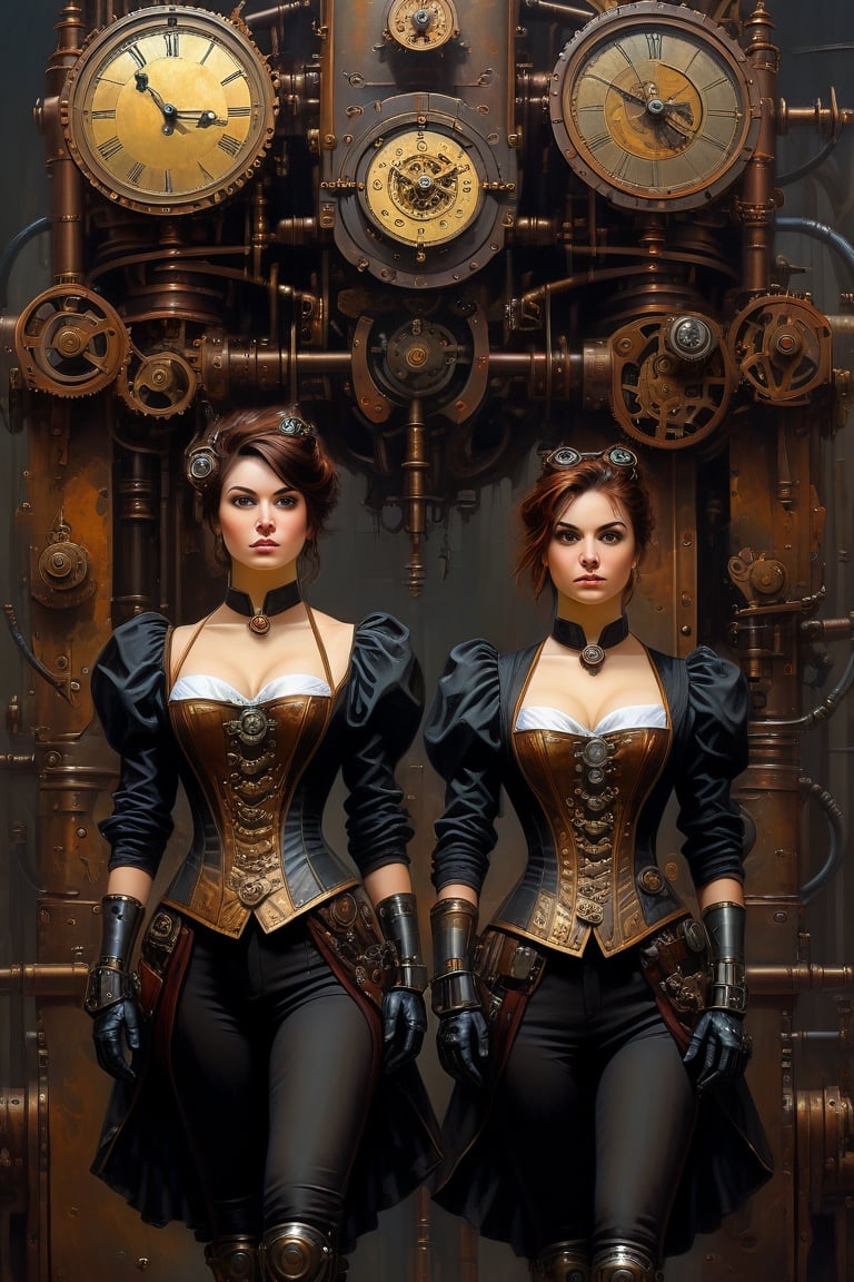 oil painting, painterly, (steampunk girl stands back to back with clockwork robot girl:1.5), (victorian attire:1.3), short tousled hair, (ironworks:1.3), steam, parted lips, (expressive face), eyes wide open, well drawn hands, moody, Gerald Brom, Vicente Segrelles, Frank Frazetta, fantasy art, intricately detailed, detailed matte painting, moody, dramatic lighting, Movie Still, more detail XL