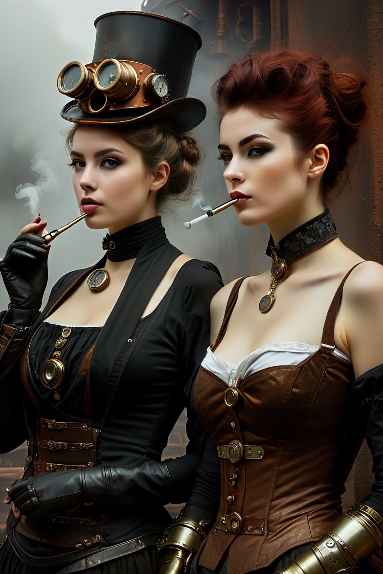 oil painting, painterly, 2girls, side by side, (steampunk girl smoking 1 tobacco pipe:1.5), (clockwork robot girl:1.5), (victorian attire:1.3), short tousled hair, (ironworks:1.3), steam, parted lips, (expressive face), eyes wide open, well drawn hands, moody, Gerald Brom, Vicente Segrelles, Frank Frazetta, fantasy art, intricately detailed, detailed matte painting, moody, dramatic lighting, Movie Still, more detail XL