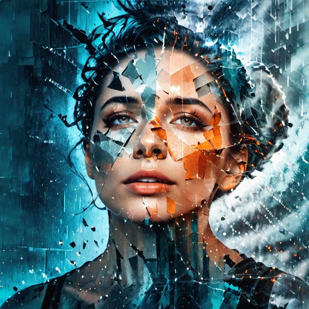 double exposure style, close up silhouette face of a sophisticated girl looking up, rainy new york city, fragmentation, fractured image, teal, orange, black, silver, expressive face, parted lips, emotional, pain, dismay