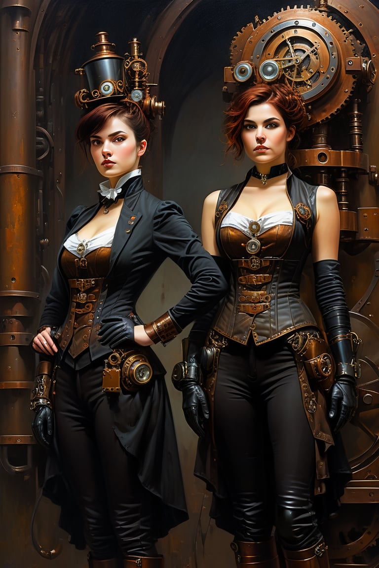 oil painting, painterly, (steampunk girl stands back to back with clockwork robot girl:1.5), (victorian attire:1.3), short tousled hair, (ironworks:1.3), steam, parted lips, (expressive face), eyes wide open, well drawn hands, moody, Gerald Brom, Vicente Segrelles, Frank Frazetta, fantasy art, intricately detailed, detailed matte painting, moody, dramatic lighting, Movie Still, more detail XL