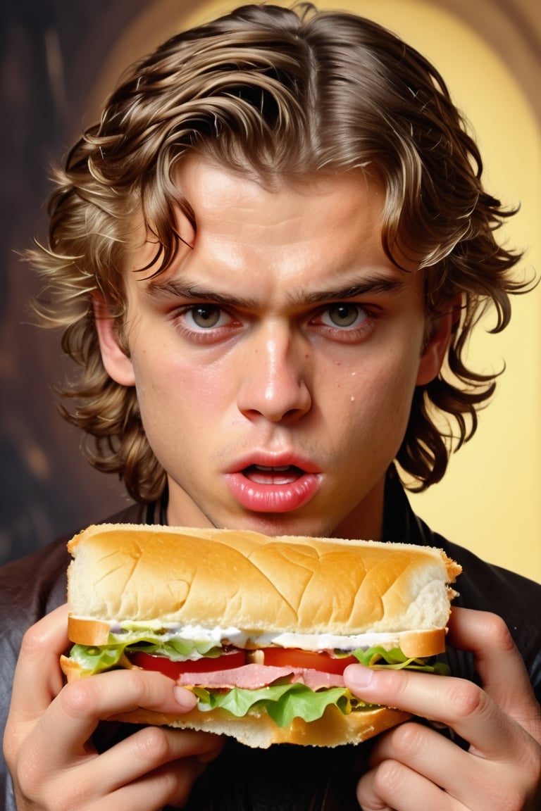 film photography, soft focus, (waist up), detailed hyper-realistic textures, solo, 21yo, (Anakin going "Blecchh!":1.3), (holding a (sloppy overstuffed sandwich):1.3), (expressive face:1.5), (disgust:1.3), nausea, looking to the camera, tousled hair, big eyes, parted lips, realistic, hyperrealistic skin, porosity in the skin, dynamic pose, complex and detailed masterpiece, intense and bright eyes, sun rays, golden, best quality, minimalist background, intricately detailed, film, ultra very detailed, small details, beautiful details, mystical, luminism