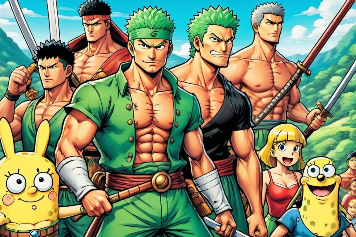 (Zoro), ((Goofy)), ((Leonardo)), (shonen), (Berserk), ((Spongebob)), (((Berserk art style))), 8k, illustration, group shot, group pic, flat linework, watercolor, poster colors, well drawn face, well drawn eyes, ((shonen manga)), hero pose, Japanese landscape, high octane, moody, ink, style, lineart, LineAniAF, real_booster, comic book