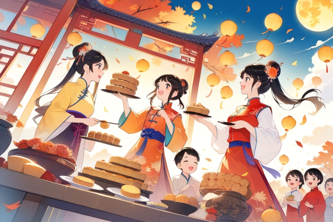 8k, highres, color illustration, midautumn_fes, ((colorful)), ((Chinese family enjoying mooncake dinner)), Mid-Autumn Festival, wearing traditional Mid-Autumn Festival costumes, (traditional Chinese home), ((autumn colors)), (expressive face), ((vivid)), cozy, cheerful, heartwarming, splash art, flat linework, poster colors, well drawn face, well drawn hands, action pose, cell shaded, high contrast, dramatic, amazing artwork, sharp focus, intricate details, highly detailed, high contrast, dramatic, masterpiece, best quality, lineart, Flat vector art